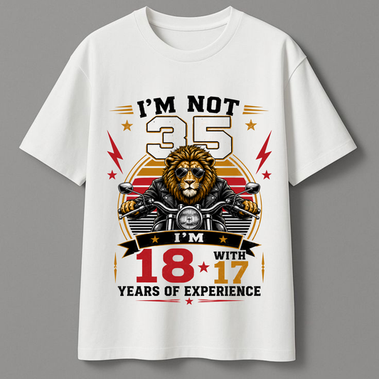 White t-shirt with a lion graphic and text on a gray background