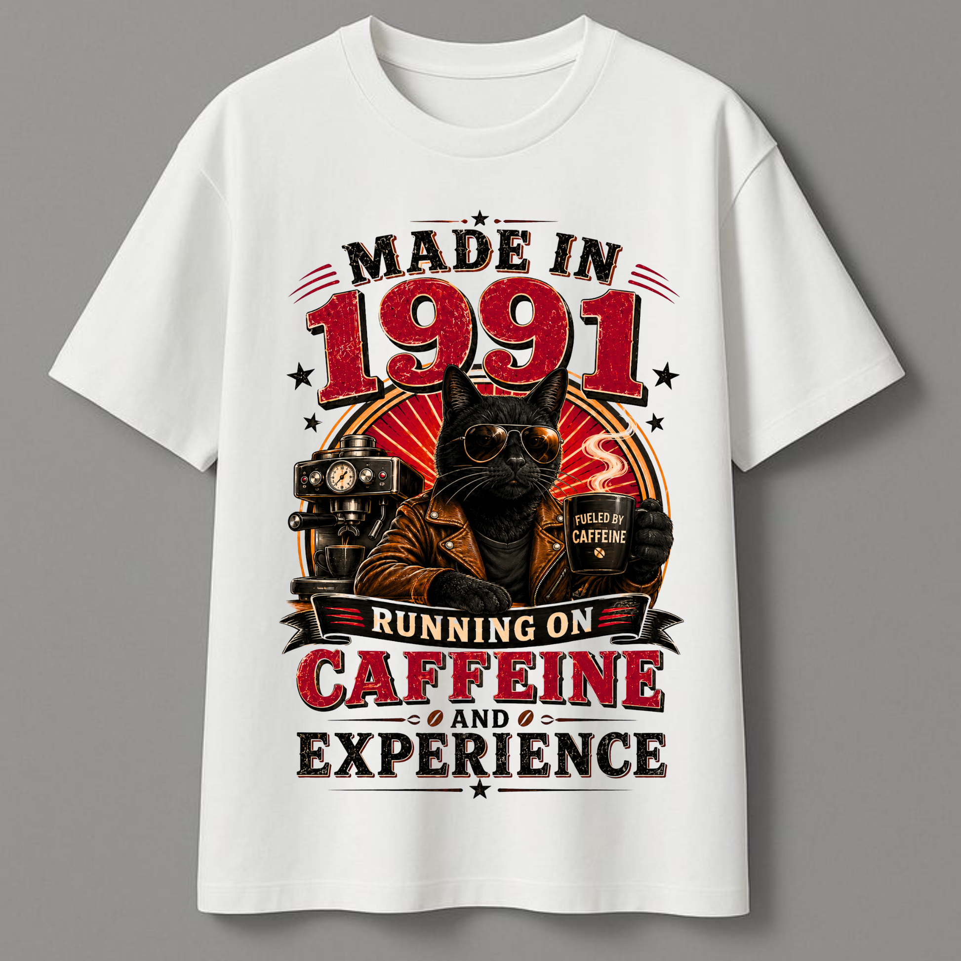 White t-shirt with a graphic of a cat wearing sunglasses and a leather jacket, text 'Made in 1991, Running on Caffeine and Experience' on a gray background.