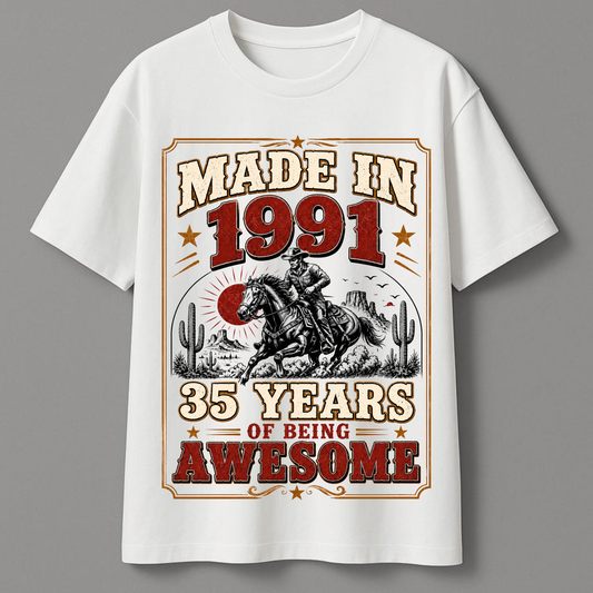 Made In 1991 35 Years of Being Awesome | Vintage Western 35th Birthday T-Shirt