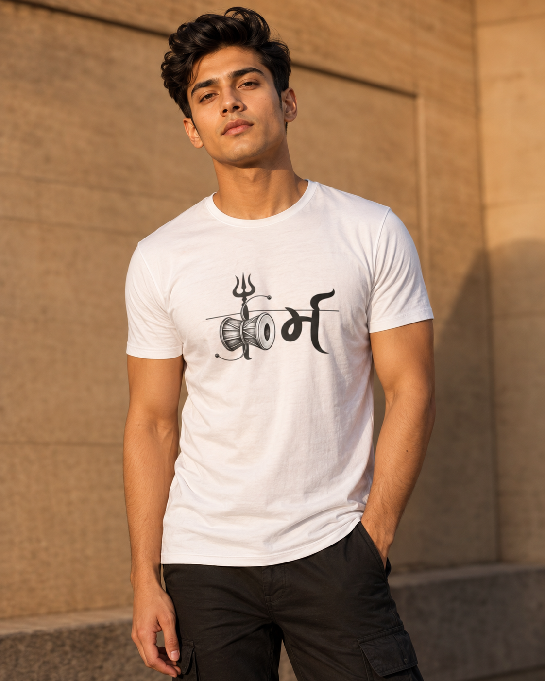 Lifestyle shot wearing Cosmic Shiva tee