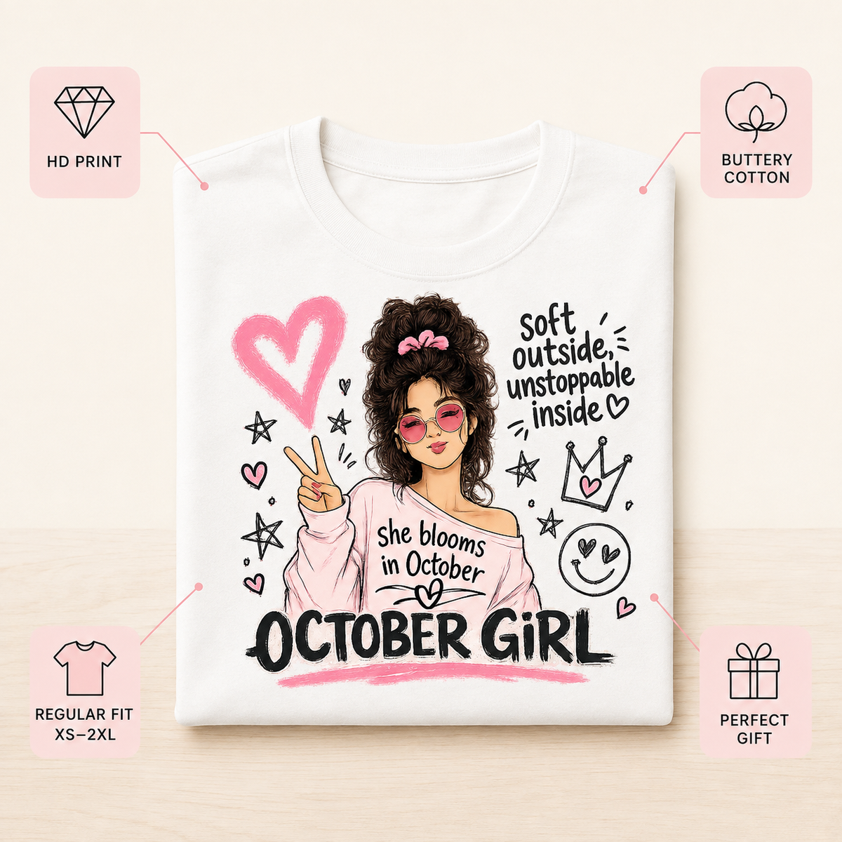 October Girl tee features breakdown — HD print, buttery cotton, regular fit, perfect gift