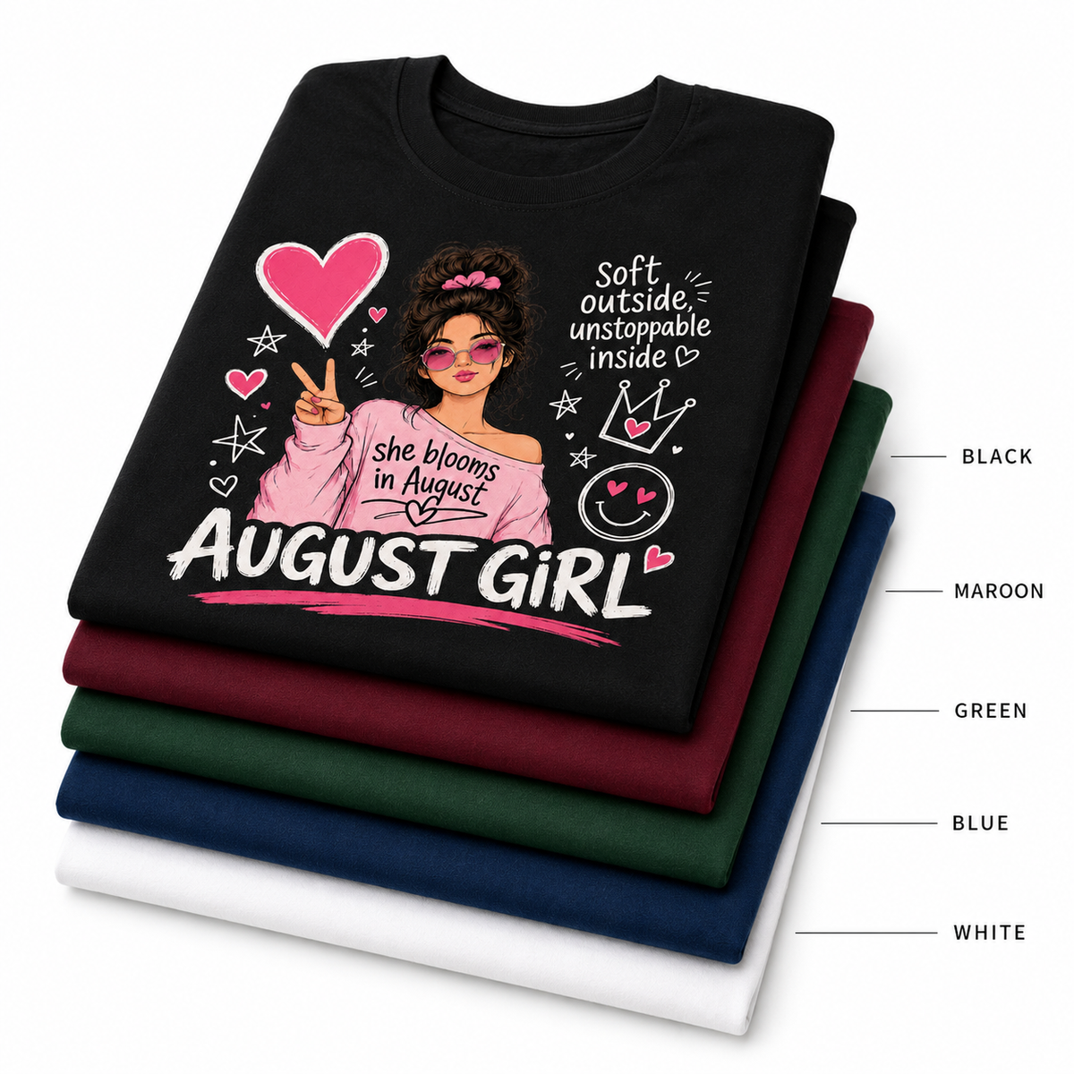 August Girl tee available in five colors